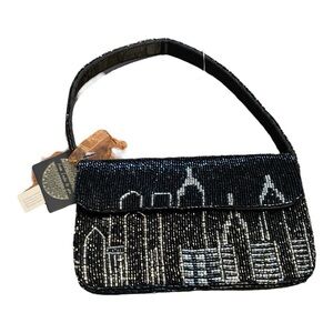 From India to You Hand Beaded NYC Skyline Shoulder Purse, Black, Gold & Silver.
